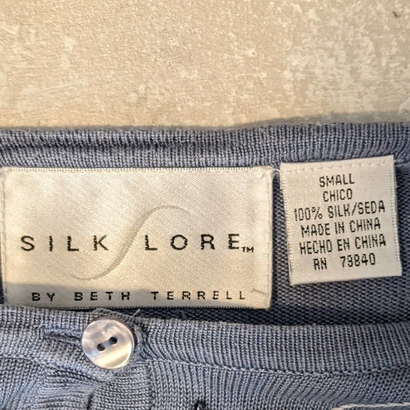 SILK LORE Dusty Blue Lightweight Ribbon Embroidered Silk Cardigan Size Small - Picture 6 of 6